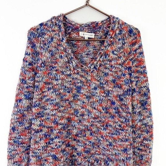 Lou & Grey Loft Red Blue Chunky Knit V Neck Sweater Wool Blend Womens Small - Picture 3 of 6